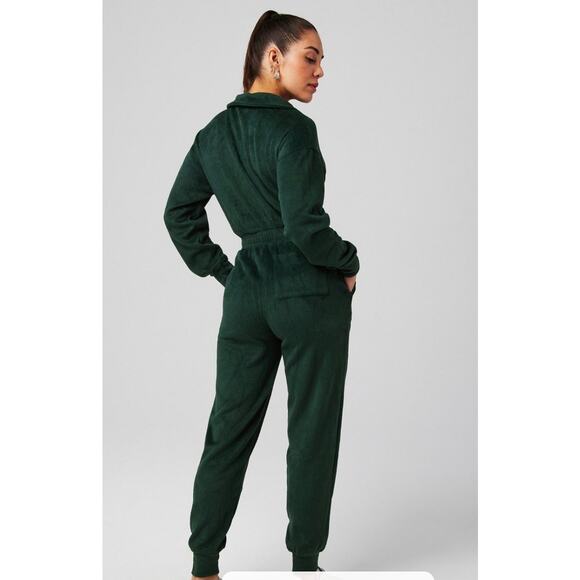 Fabletics Cozy Cord Zip Jumpsuit Plush Sz XS Green Pockets Loungewear Athleisure - Picture 4 of 14